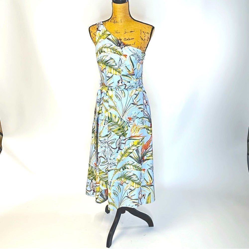 NEW Ann Taylor Blue Tropical Jungle Print One Shoulder Fit Flare Midi Dress